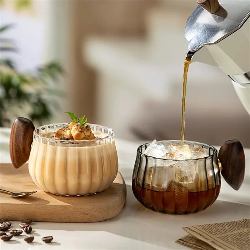 Tasse à Café Verre Rayé Résistant à la Chaleur Manche Bois