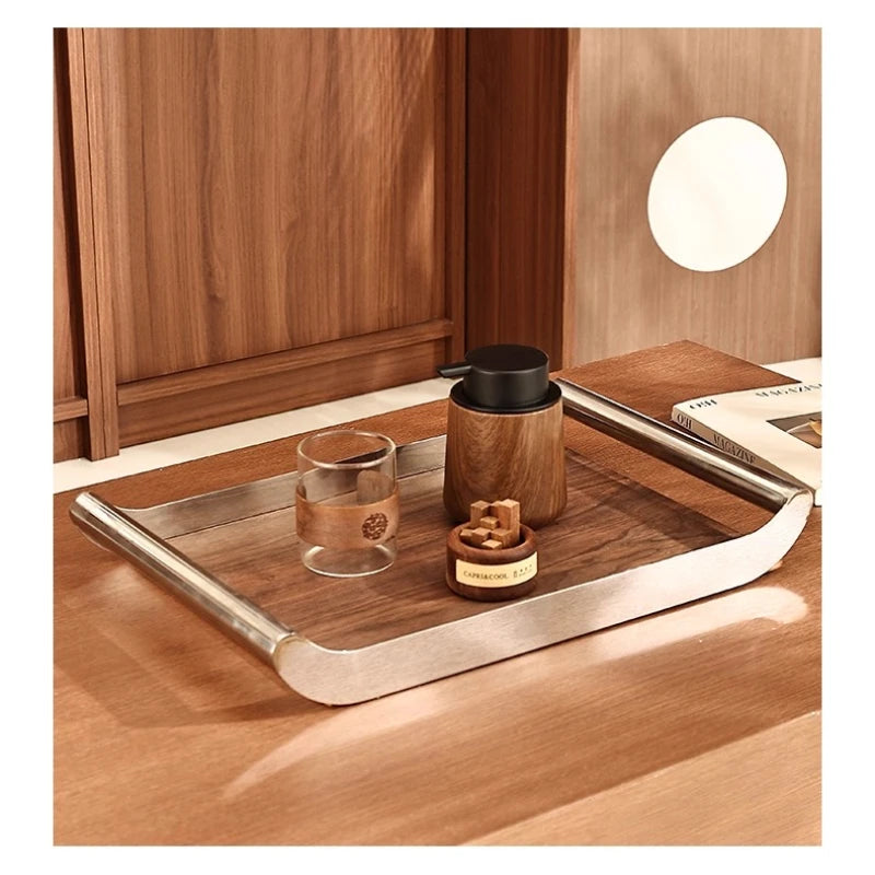 Plateau Bois de Noyer et Acier Inoxydable Rectangulaire