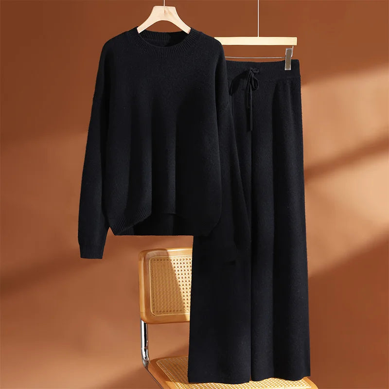 Women's 100% Wool Set O-neck Pullover Wide Leg Pants Loose Thick Autumn Winter Solid Cashmere Sweater Knitwear Trousers Suit