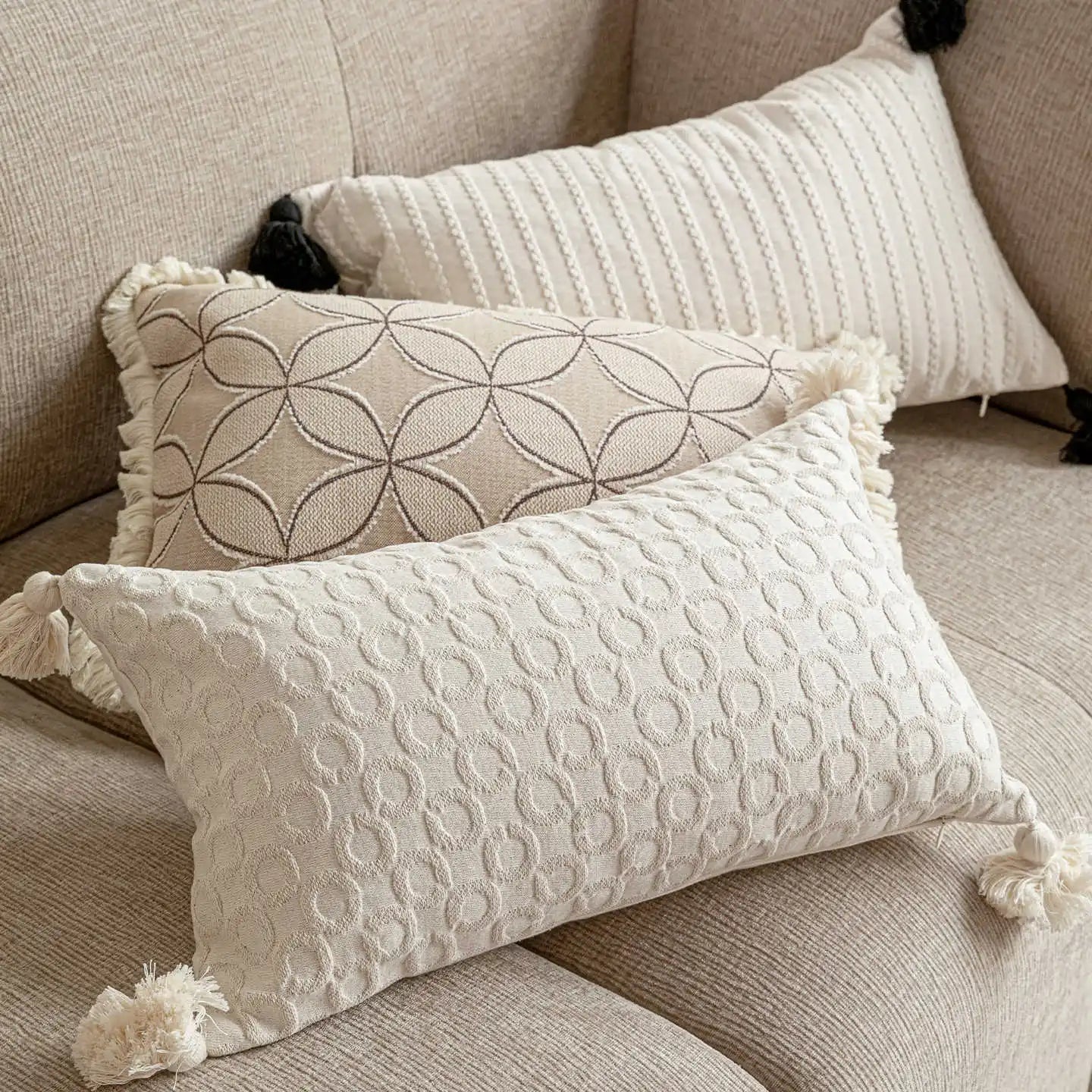 Housse de Coussin Blanche Rayée à Franges Waist