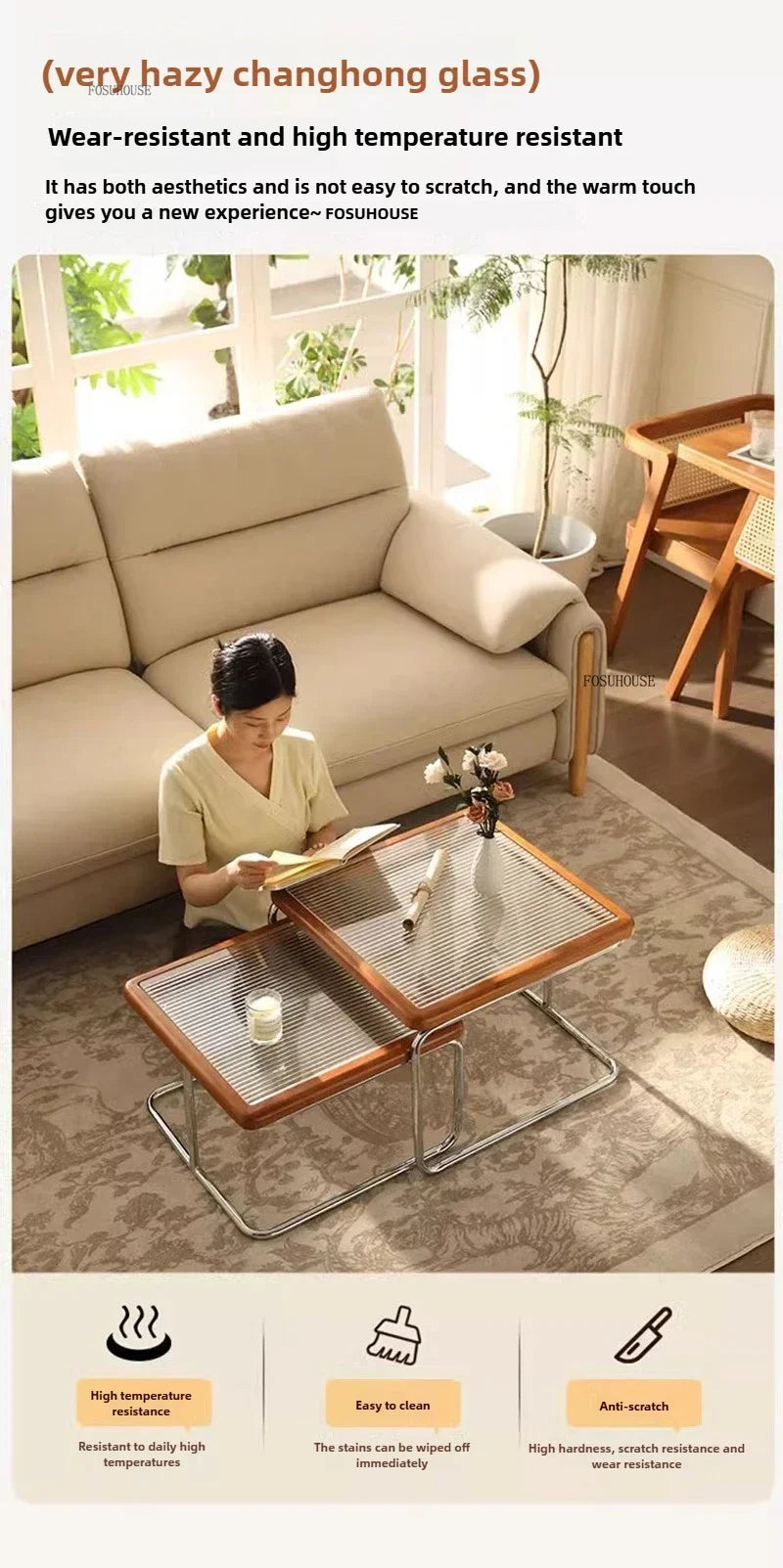 Table d'Appoint en Rotin Plateau Verre Style Rétro