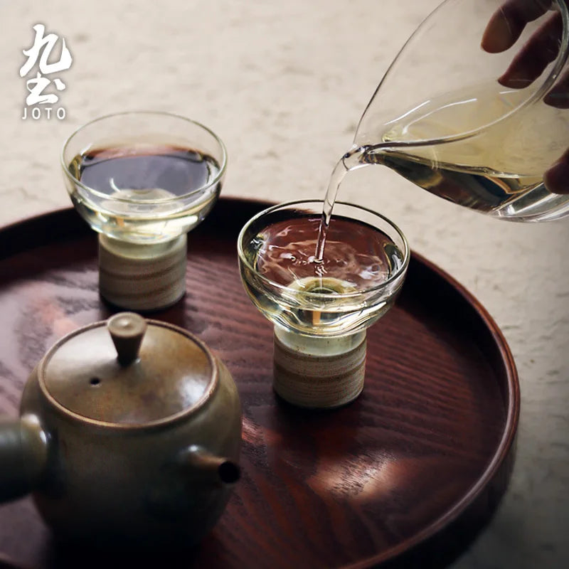 Set de Tasses en Verre avec Base en Bois Fait Main