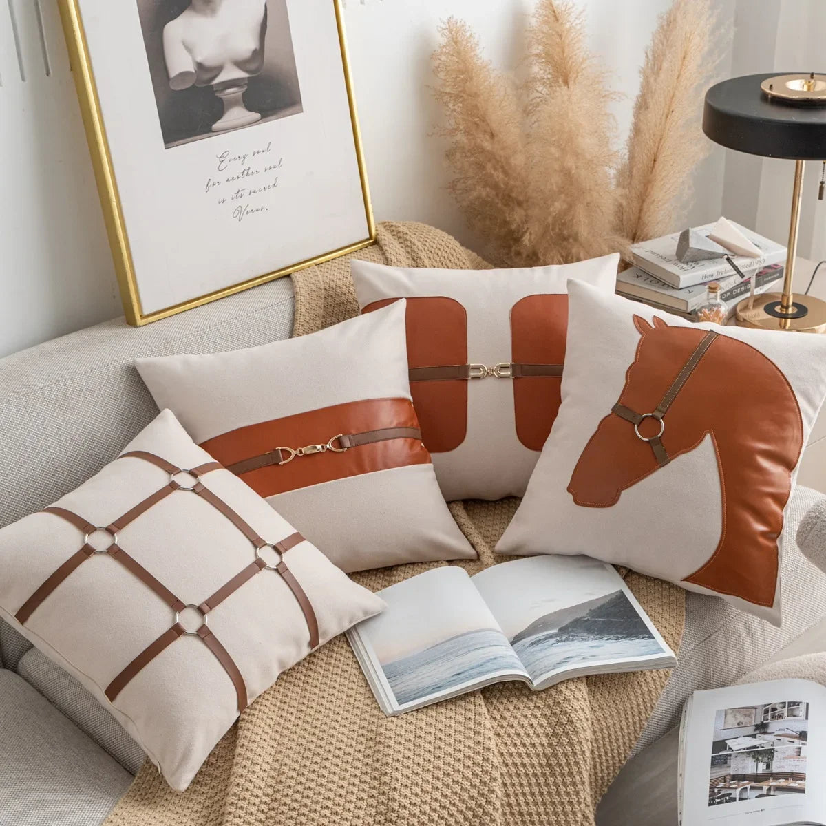 Housse de Coussin Simili Cuir Style Selle Coton Slub