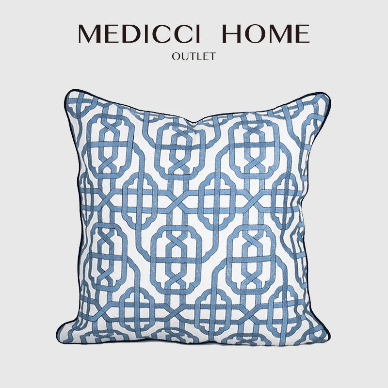 Housse de Coussin Brodée Motif Marocain Bleu Indigo