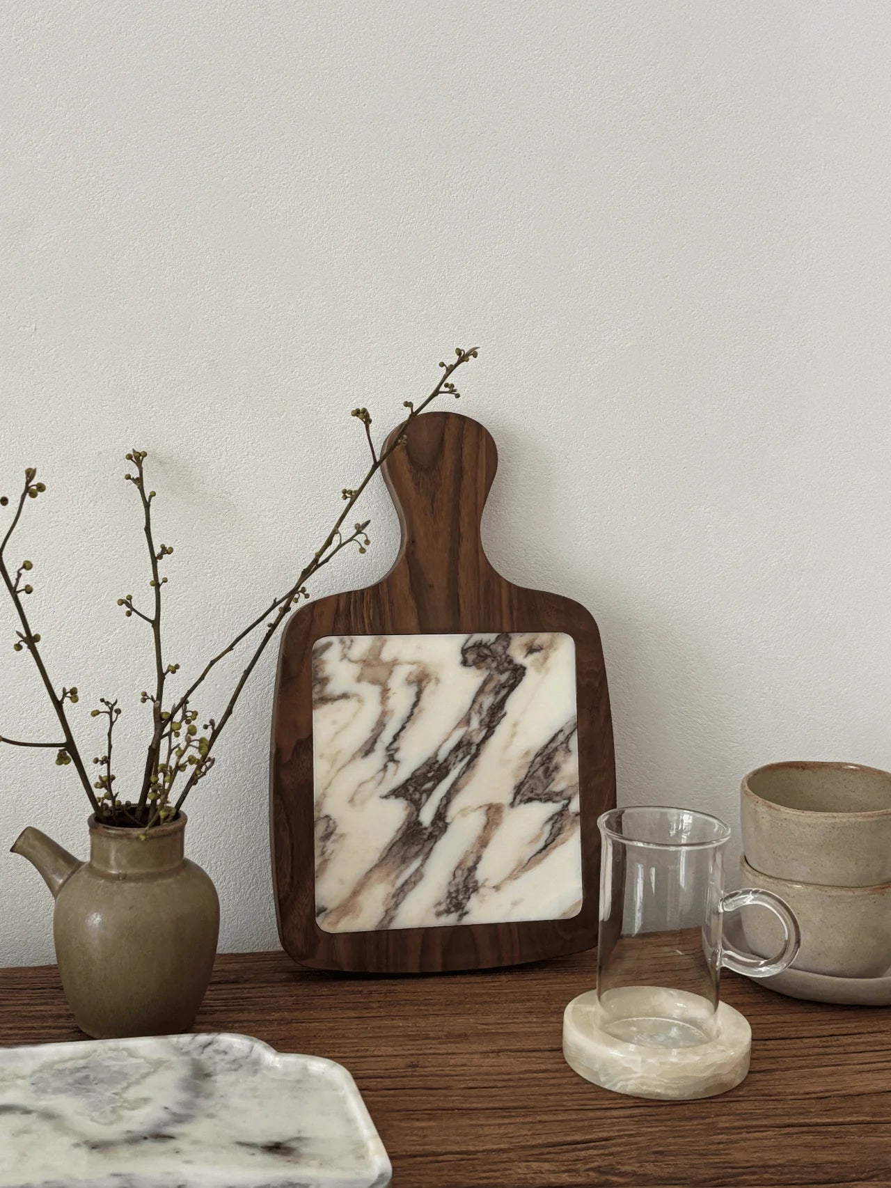 Plateau Marbre Calacatta Viola Manche en Bois