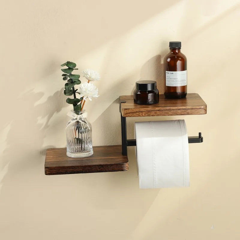 Porte-Papier Toilette Mural en Bois et Métal