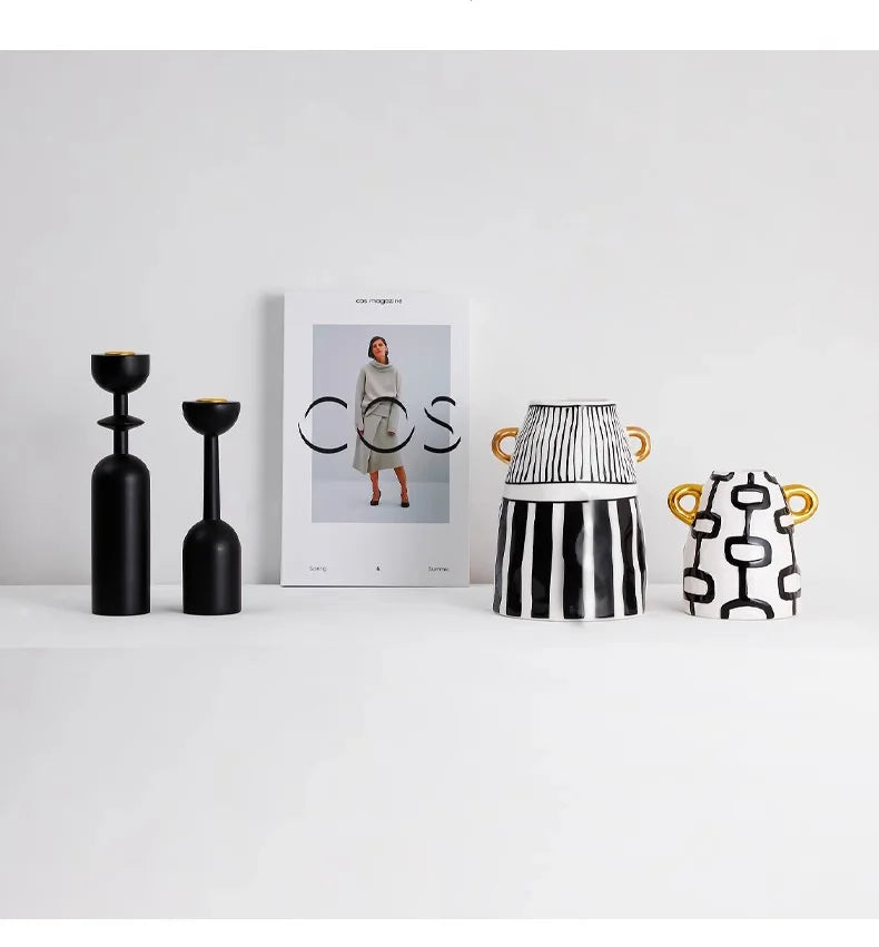 Vase Céramique Rayures Noir et Blanc pour Fleurs