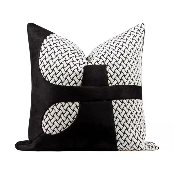 Housse de Coussin Daim Motif Géométrique Noir et Blanc