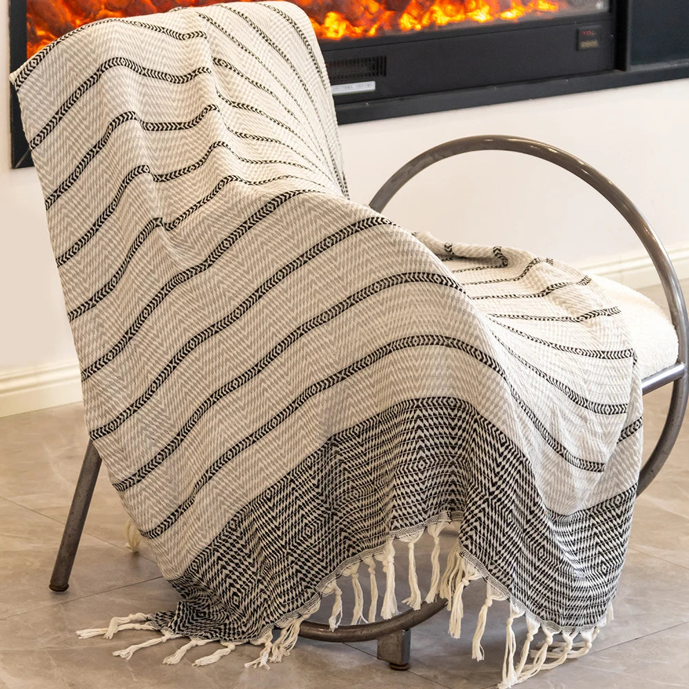 Couverture en Coton à Franges - Style Moderne Épuré