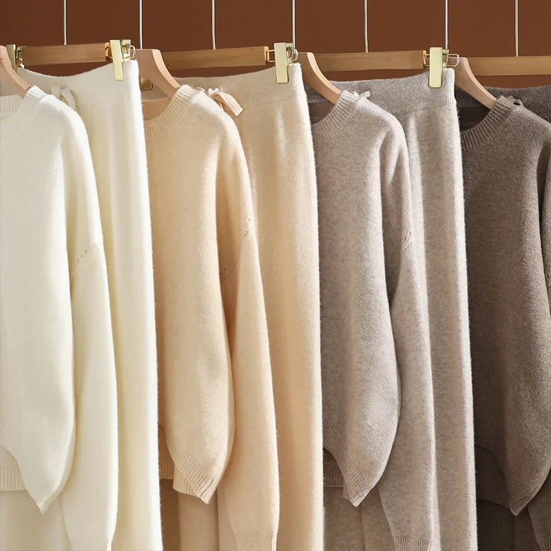 Women's 100% Wool Set O-neck Pullover Wide Leg Pants Loose Thick Autumn Winter Solid Cashmere Sweater Knitwear Trousers Suit