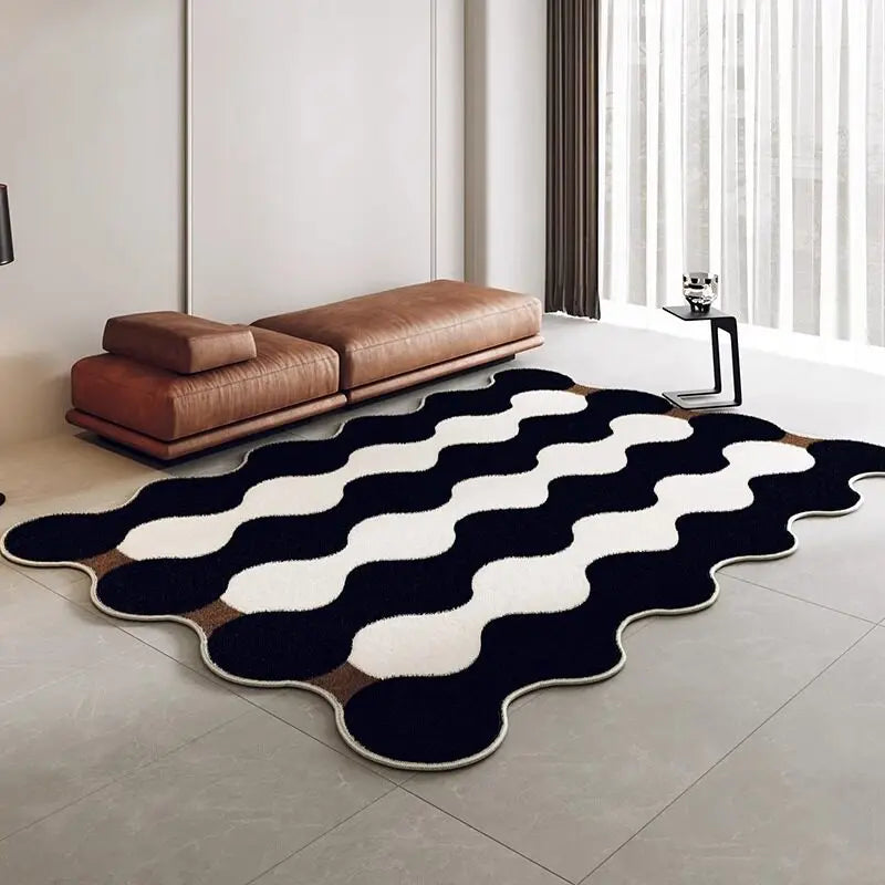 Wavy Area Rug – Black & White Fluffy Pile