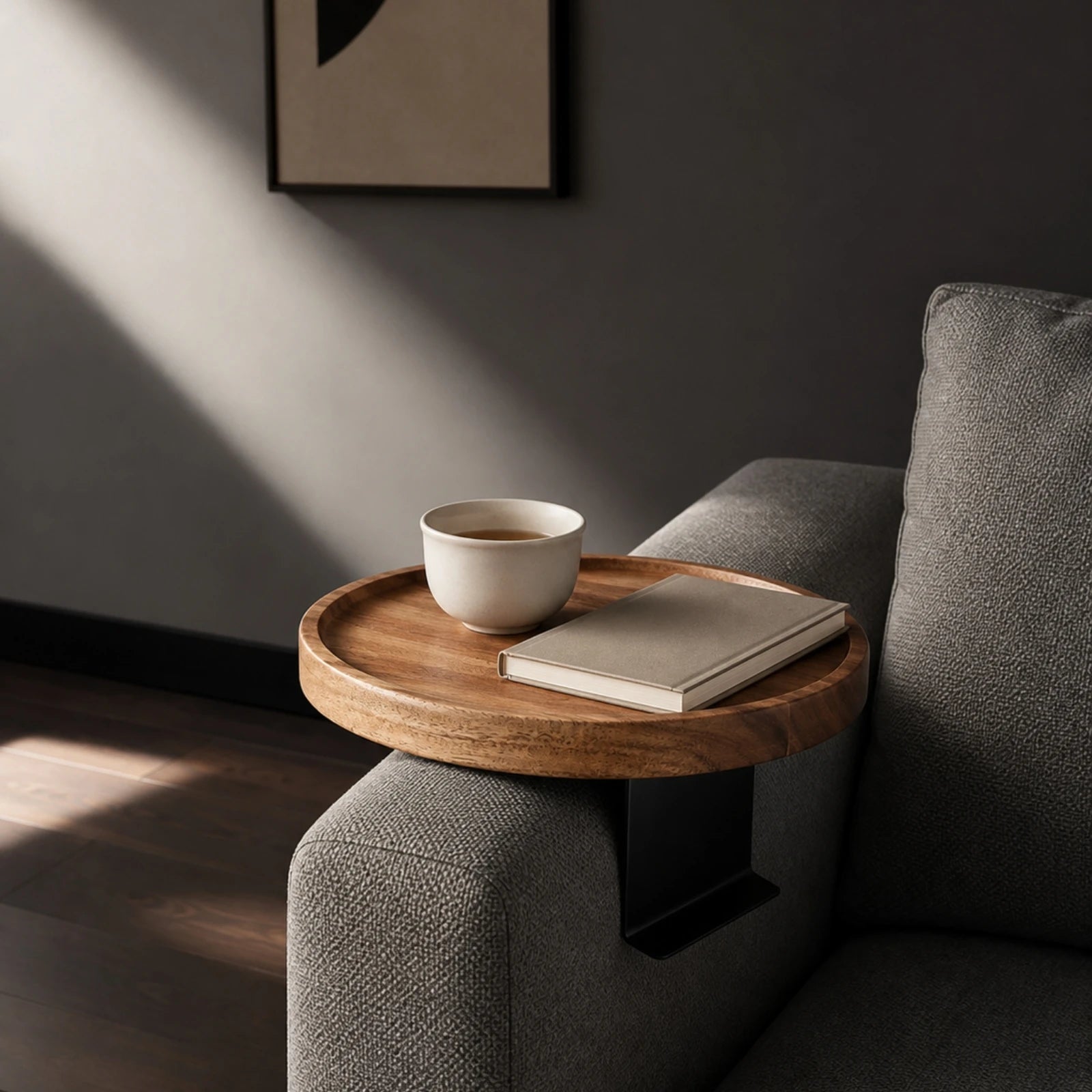 Round Sofa Armrest Tray – Space-Saving Wood Couch Table