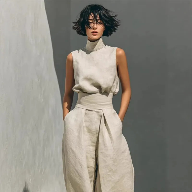 Fashion Elegant 2Pc Pants Set 2026 Summer Sleeveless Turtleneck Top+Wide Leg Pants High Street Casual Two Piece Set Women Outfit