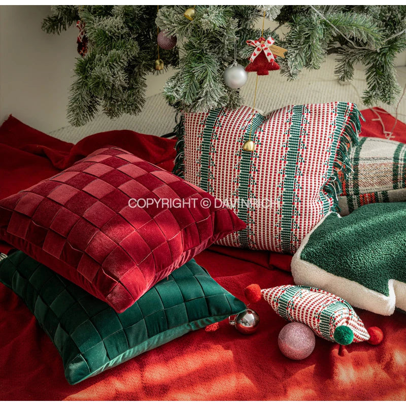 Housse de Coussin Velours Tissage Panier Luxe