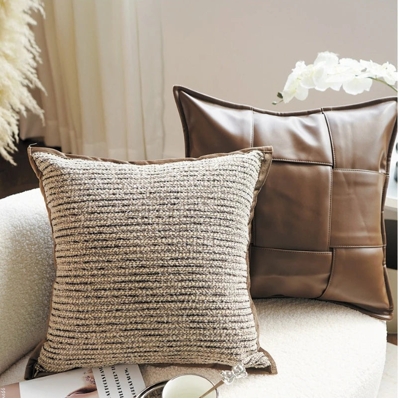 Housse de Coussin Cuir Tissé Brun Maillard Style Boho Vintage