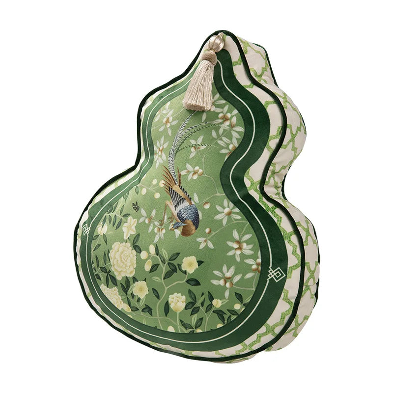 Coussin Décoratif Forme Gourde - Motif Floral et Oiseaux