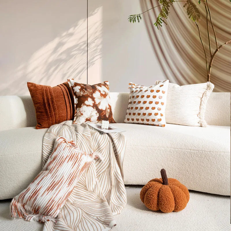 Housse de Coussin Orange Jacquard Motif Demi-Cercle