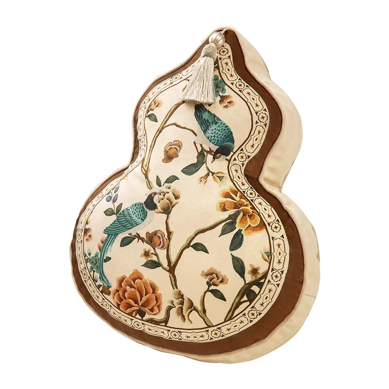 Coussin Décoratif Forme Gourde - Motif Floral et Oiseaux