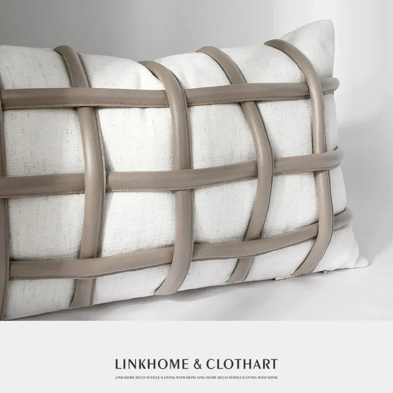 Housse de Coussin Simili Cuir Café Motif Écossais