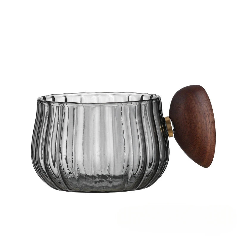 Tasse à Café Verre Rayé Résistant à la Chaleur Manche Bois