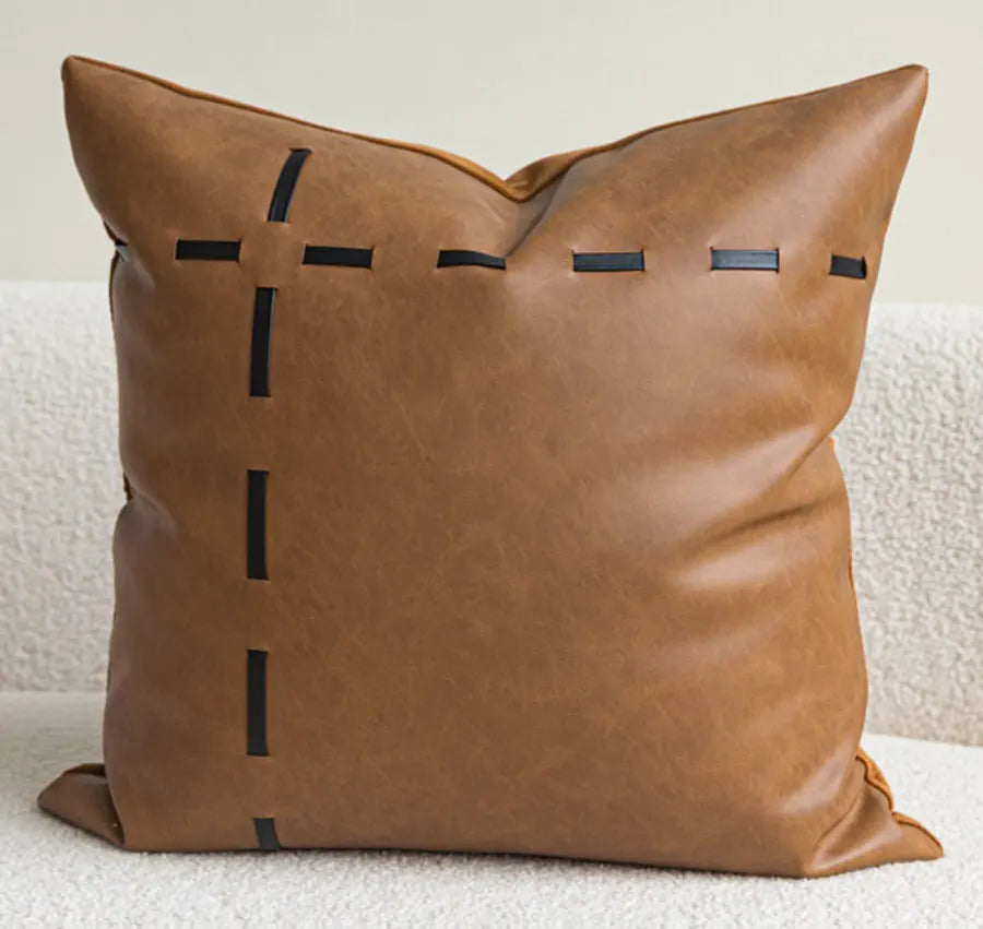 Housse de Coussin Cuir Tissé Orange et Blanc Format Carré