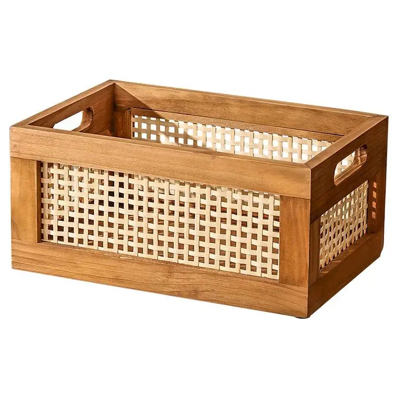 Boîte de Rangement en Bois Massif Style Rétro Rotin