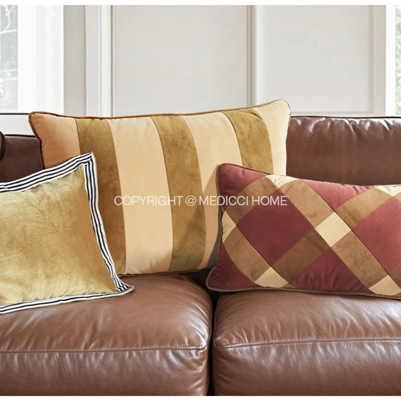 Beige & Gold Striped Lumbar Pillow Cover – Velvet Patchwork, 45x65cm