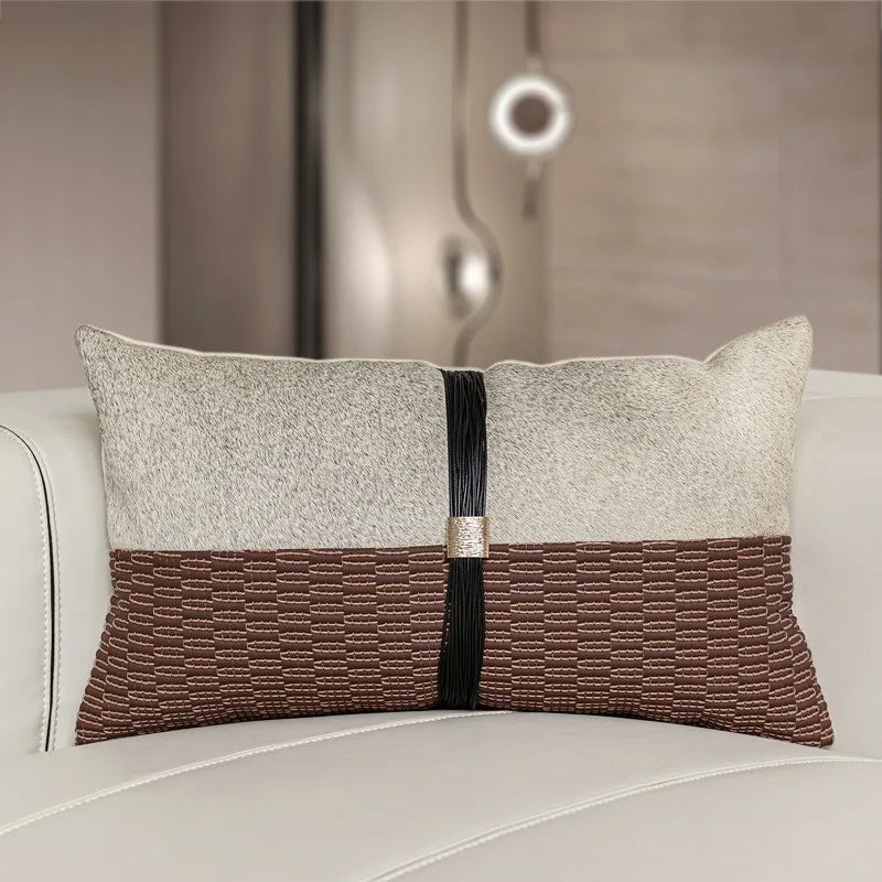 Housse de Coussin Peau de Vache Grise Patchwork Brun Tissé