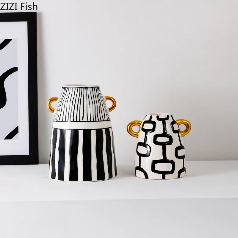 Vase Céramique Rayures Noir et Blanc pour Fleurs