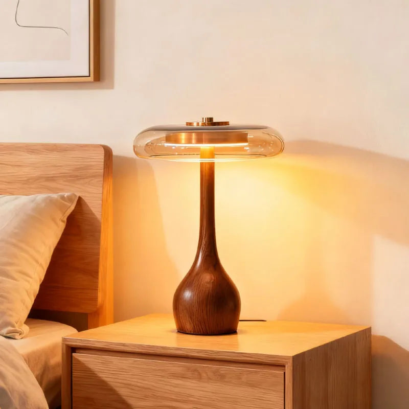 Lampe de Table Nordique Cuivre Verre et Bois LED
