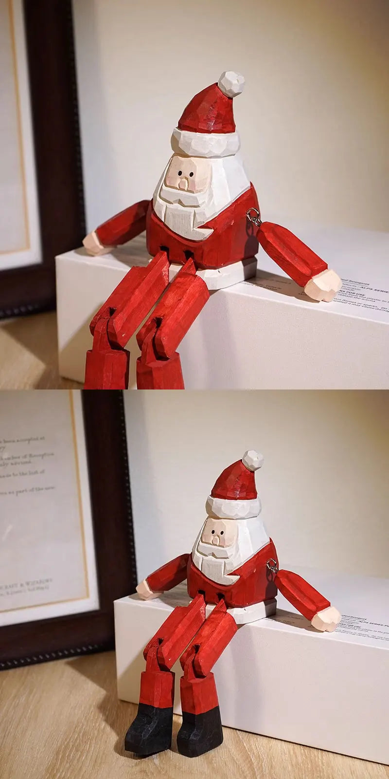 Statuette Père Noël Sculptée Bois Décoration de Fête