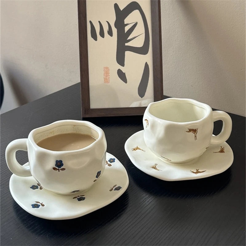 Tasse et Assiette Céramique Peintes Main Style Japonais Rétro