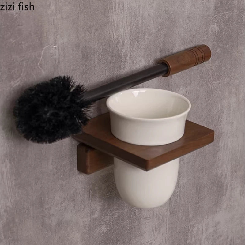 Porte-Brosse WC Mural en Bois et Céramique - Sans Perçage