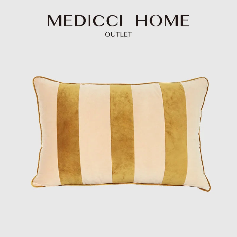 Beige & Gold Striped Lumbar Pillow Cover – Velvet Patchwork, 45x65cm