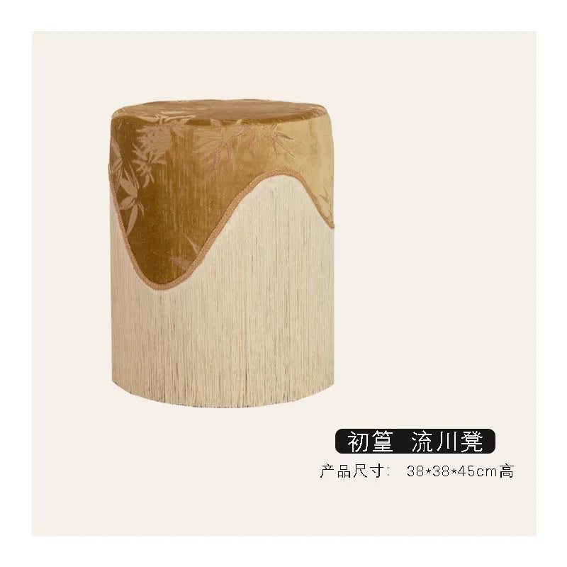 Tabouret Bas en Velours Frangé - Style Chinois Moderne