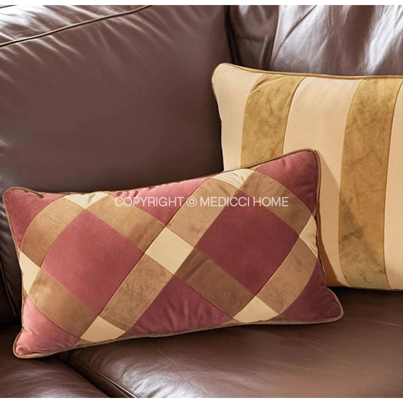 Beige & Gold Striped Lumbar Pillow Cover – Velvet Patchwork, 45x65cm