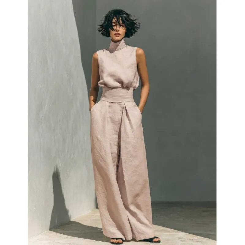 Fashion Elegant 2Pc Pants Set 2026 Summer Sleeveless Turtleneck Top+Wide Leg Pants High Street Casual Two Piece Set Women Outfit