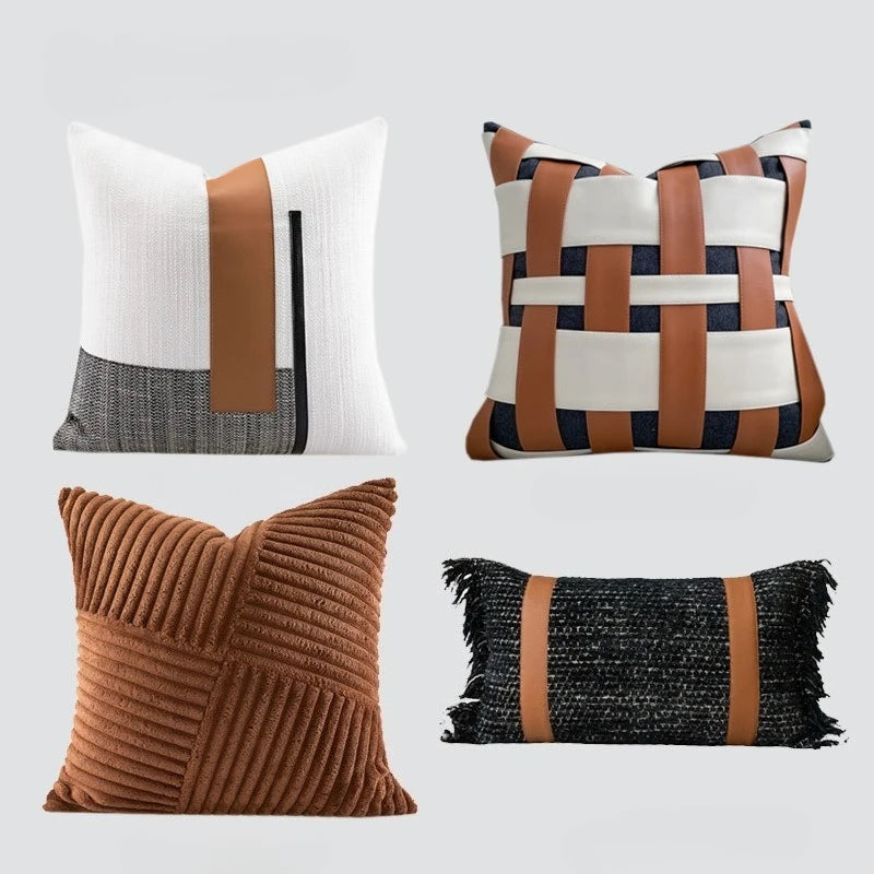 Housse de Coussin Pompons Noirs et Cuir Orange Format Lombaire