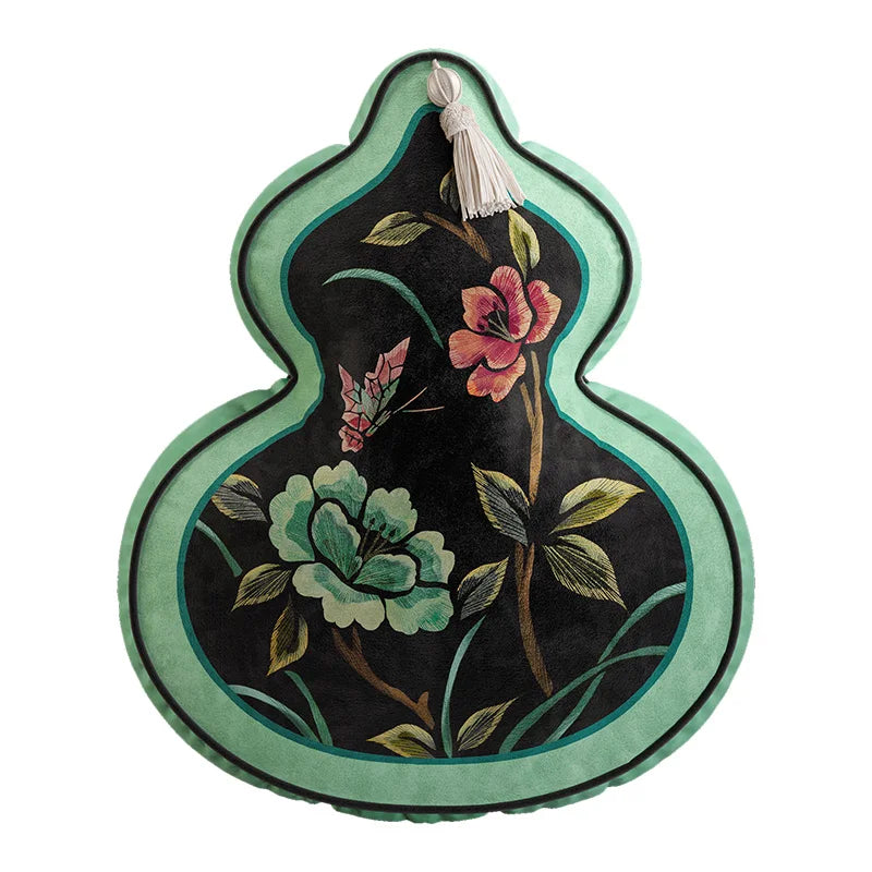 Coussin Décoratif Forme Gourde - Motif Floral et Oiseaux