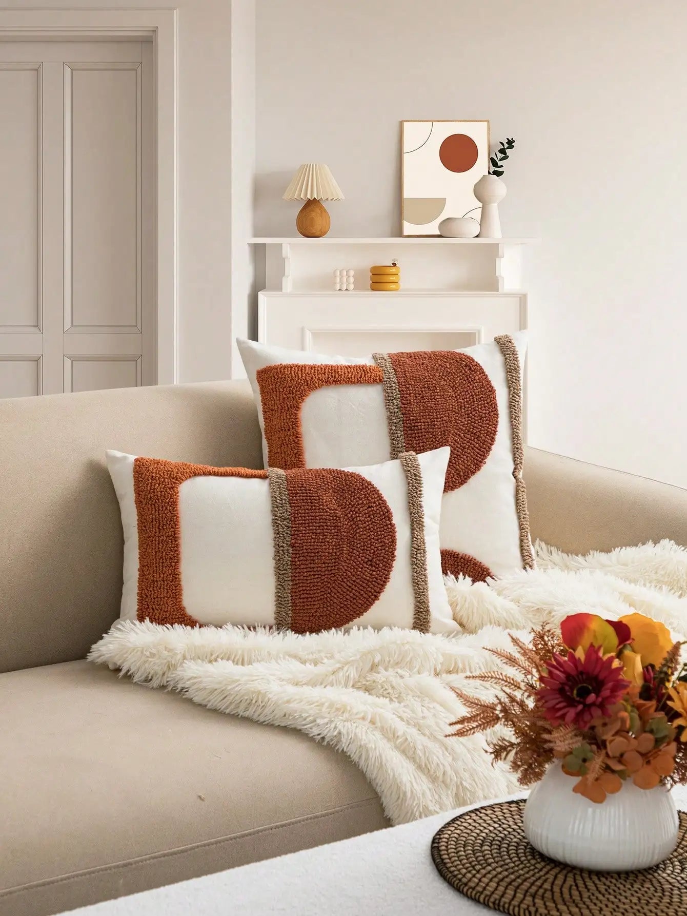 Housse de Coussin Toile Brodée - Motif Géométrique
