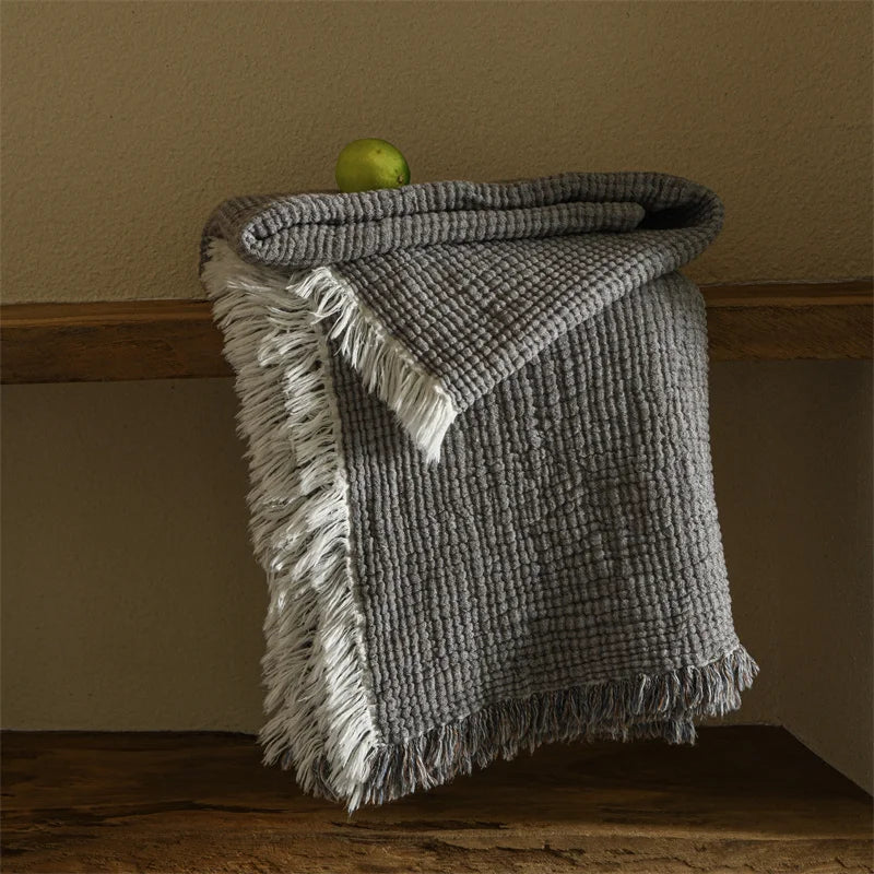 Couverture à Pompons en Coton et Lin