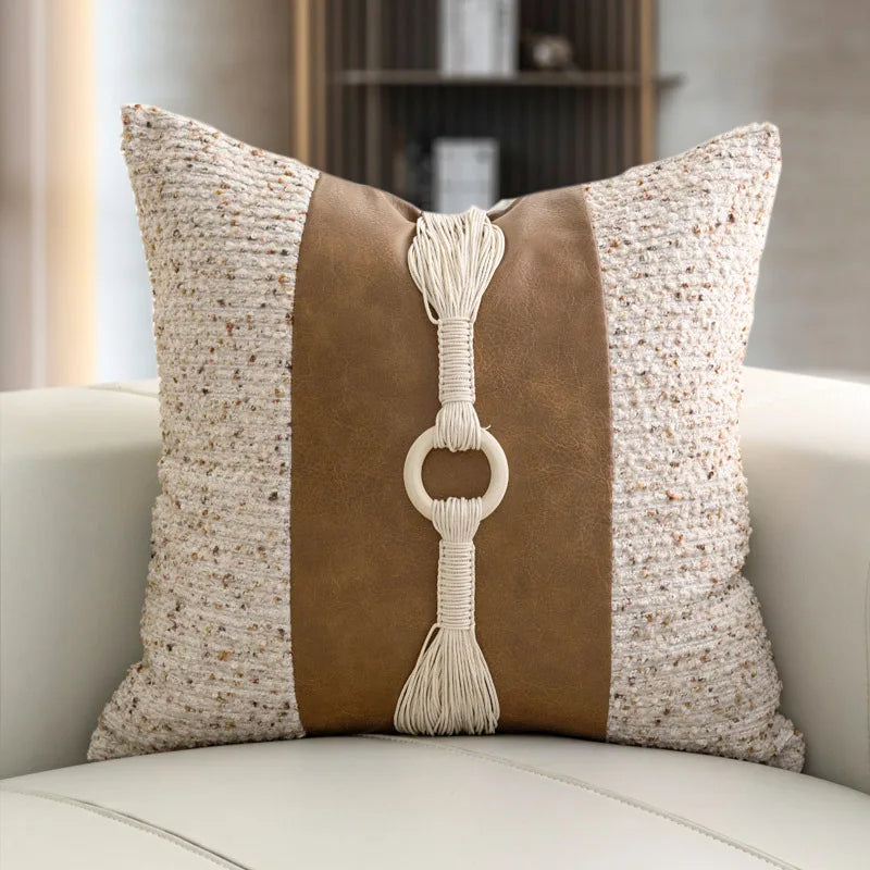 Housse de Coussin Beige Brun Patchwork Cuir Style Français