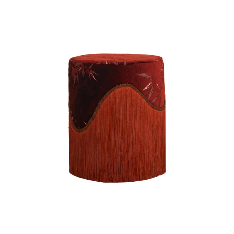 Tabouret Bas en Velours Frangé - Style Chinois Moderne