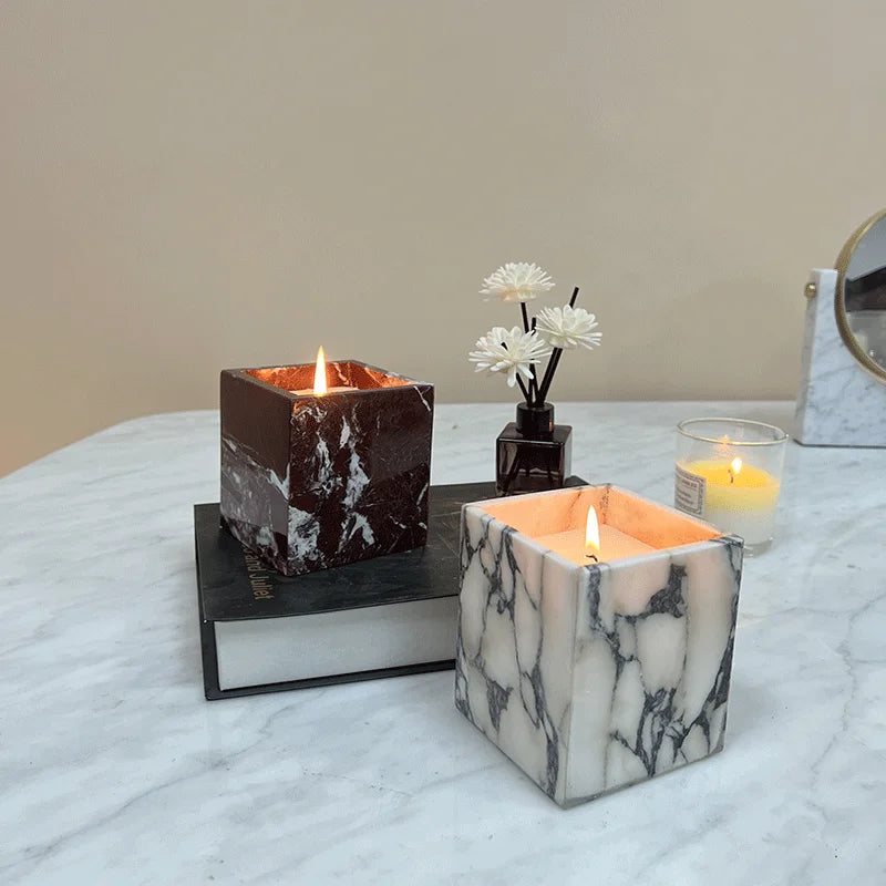 Bougeoir en Marbre Naturel Calacatta - Design Carré Sculpté