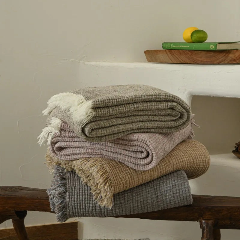 Couverture à Pompons en Coton et Lin