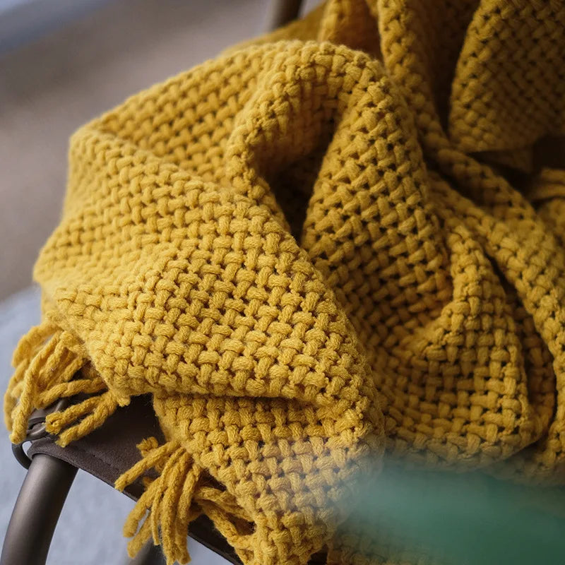 Plaid Tricoté Jaune Moutarde - Franges Bohèmes