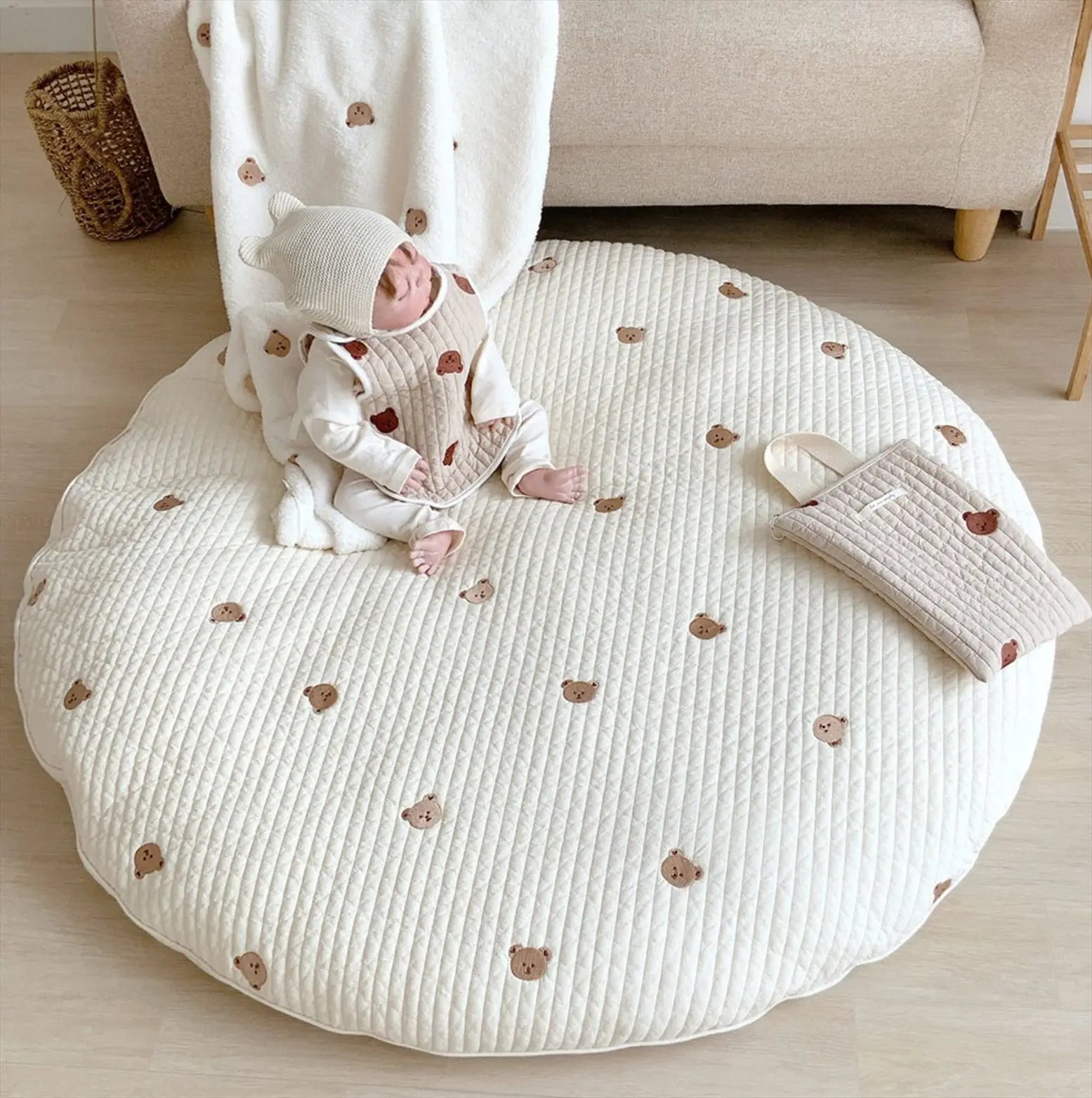 Tapis d'Éveil Rond Brodé Lapin et Fleurs