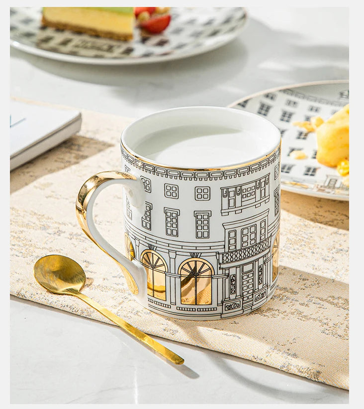 Tasse à Café et Assiette en Céramique Motif Architecture Romaine