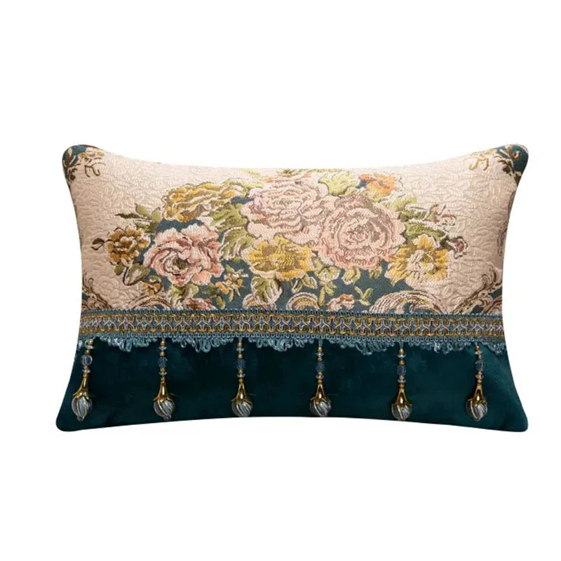 Housse de Coussin Vienne Jacquard Floral Européen avec Pompons