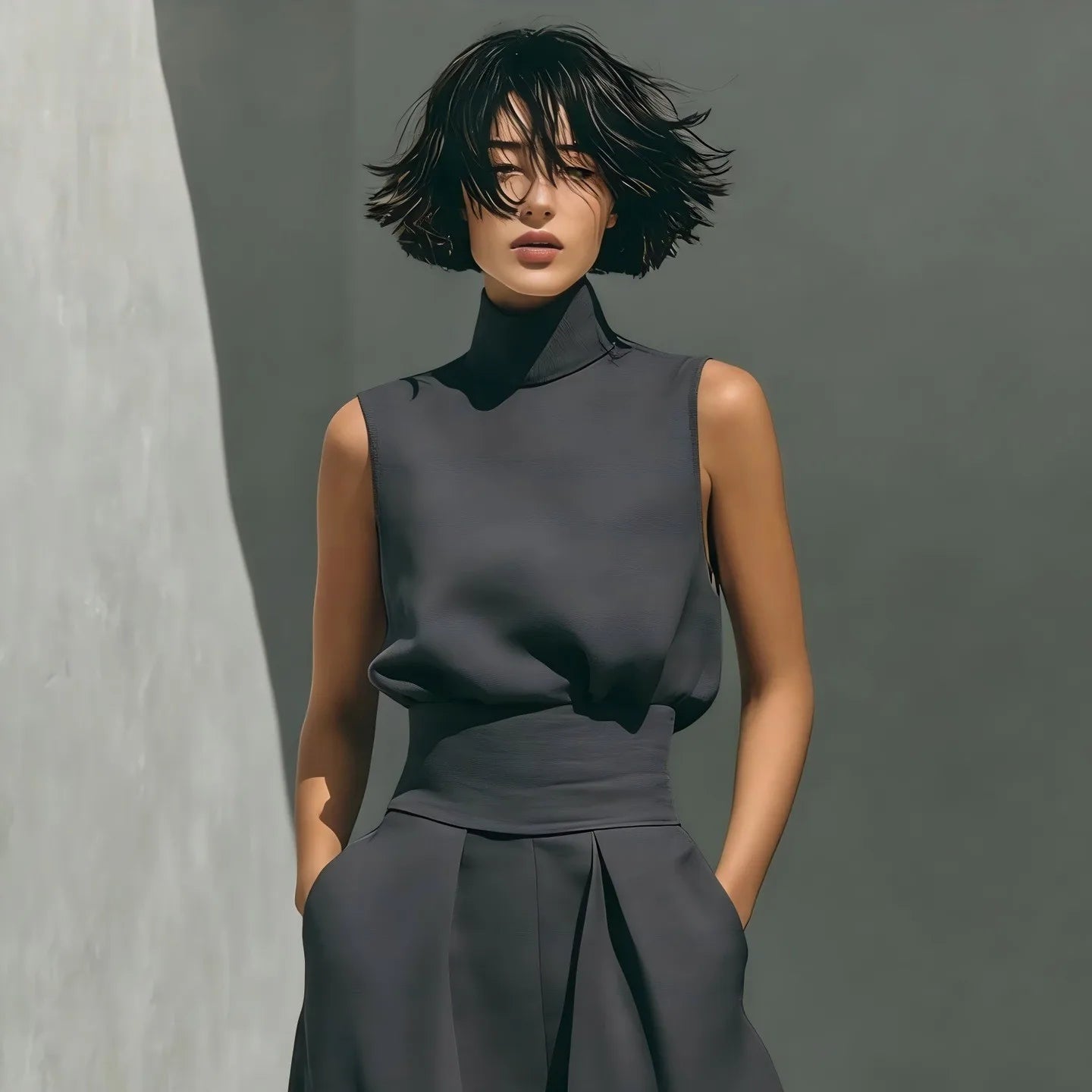 Fashion Elegant 2Pc Pants Set 2026 Summer Sleeveless Turtleneck Top+Wide Leg Pants High Street Casual Two Piece Set Women Outfit